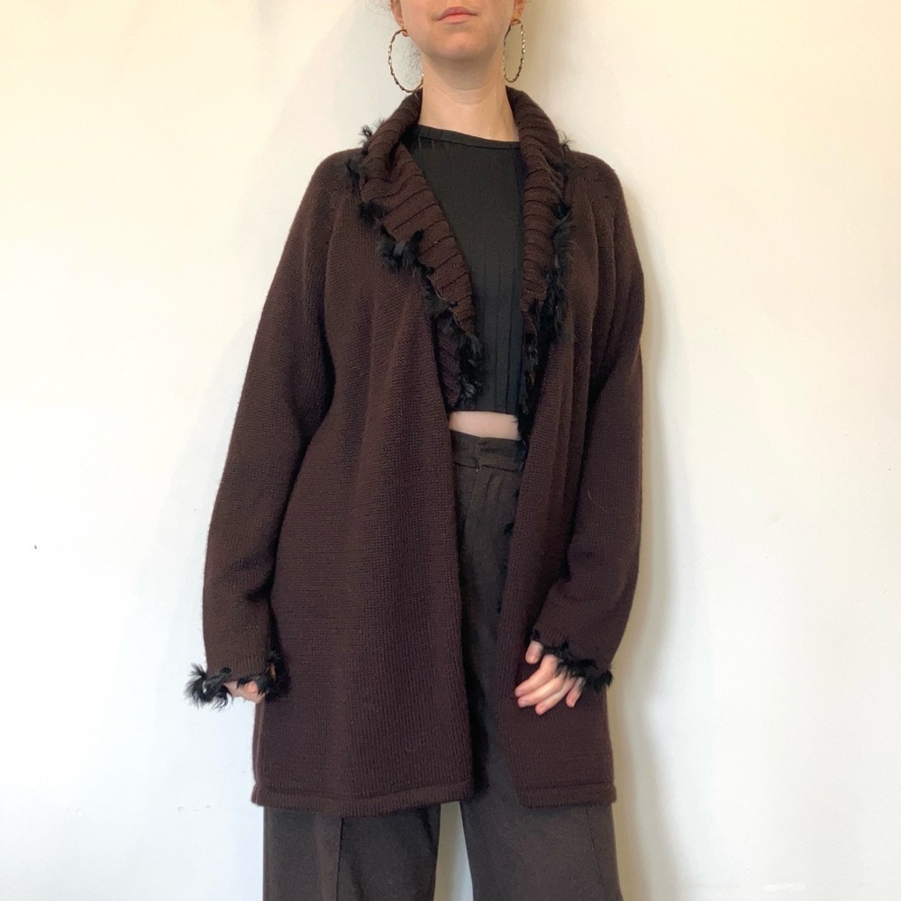 Vintage Nina Leonard wool blend Brown Cardigan with fur in size Medium